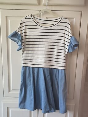 Striped Cream & Black Top with Chambray Blue Skirt Dress